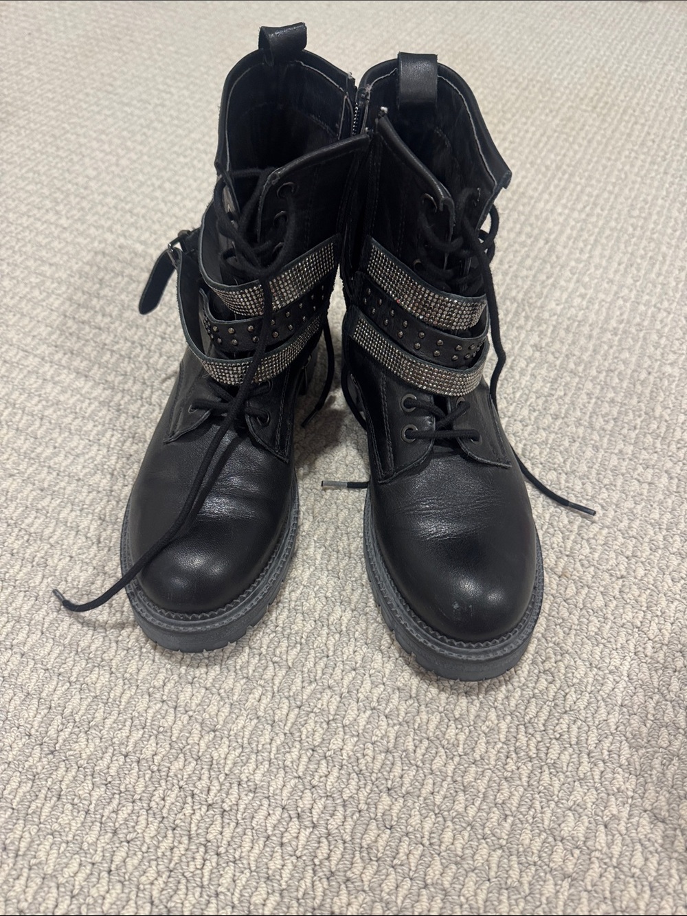 Black Studded Lace-Up Combat Boots - Women's
